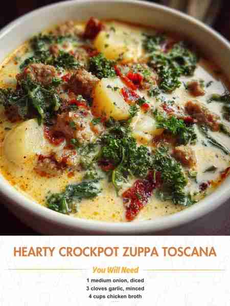 Hearty Crockpot Zuppa Toscana Ingredients 1 medium onion, diced 3 cloves garlic, minced 4 cups chick...