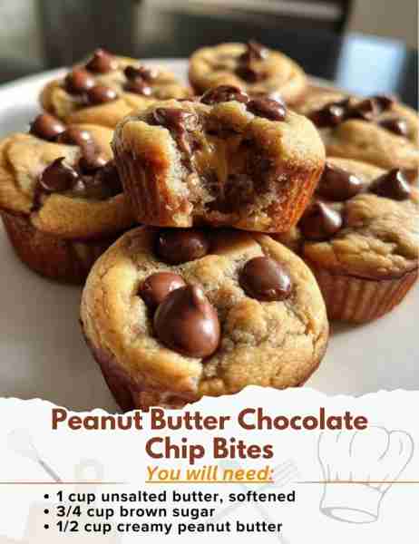 Peanut Butter Chocolate Chip Bites Ingredients: - 1 cup unsalted butter, softened - 3/4 cup brown su...