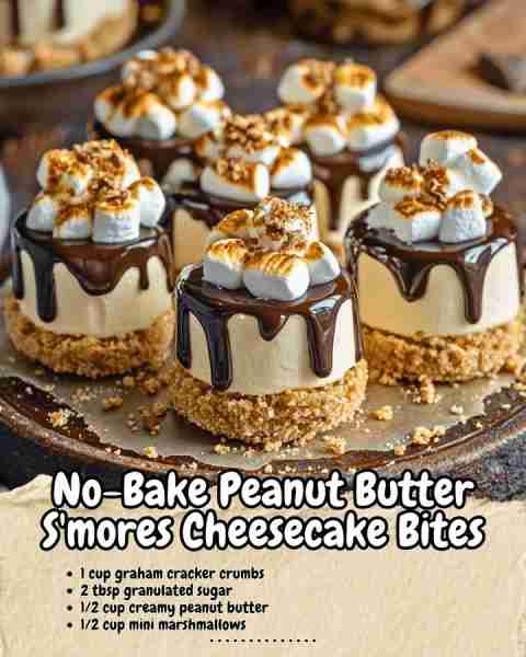 No-Bake Peanut Butter S'mores Cheesecake Bites 🍰 Ingredients: - For the Crust: - 1 cup graham crack...