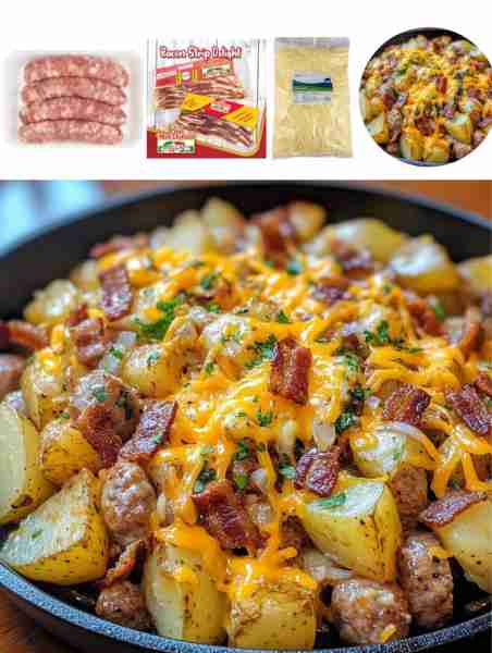 Loaded Cheddar Bacon Potato and Sausage Skillet Ingredients: - 4 medium potatoes, diced - 1 lb sausa...