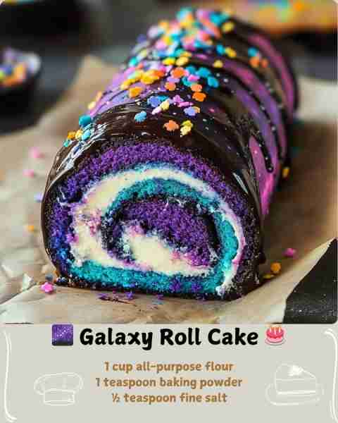 🌌 Galaxy Roll Cake 🎂 Ingredients For the Cake: 1 cup all-purpose flour 1 teaspoon baking powder ½...