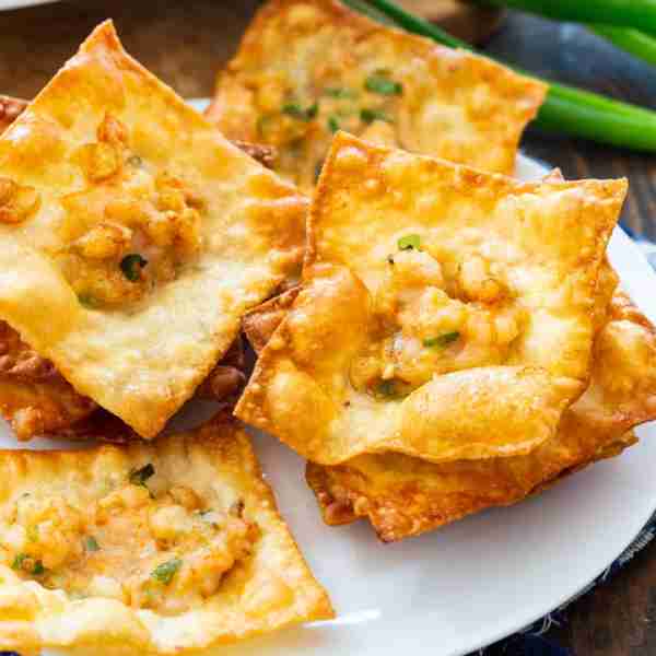 Shrimp Wonton Chips- crispy wonton chips with an amazing shrimp center flavored with ginger, garlic...