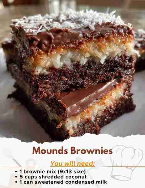Mounds Brownies Ingredients: - 1 brownie mix (9x13 size), prepared and baked according to box direct...