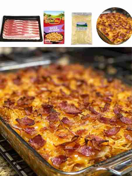 Cheesy Bacon Hashbrown Breakfast Bake Ingredients: - 1 package frozen hashbrown potatoes - 1 cup shr...