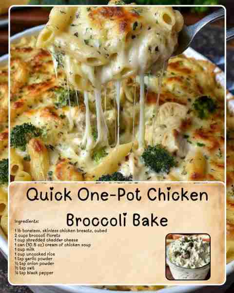 Quick One-Pot Chicken Broccoli Bake Ingredients: 1 lb boneless, skinless chicken breasts, cubed 2 c...