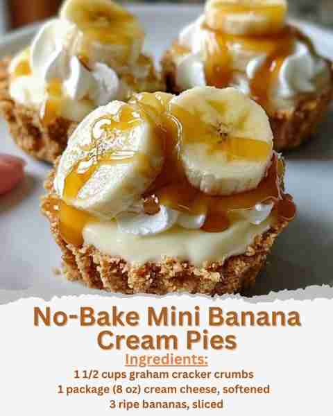 No-Bake Mini Banana Cream Pies Ingredients: - 1 1/2 cups graham cracker crumbs - 1/4 cup granulated...