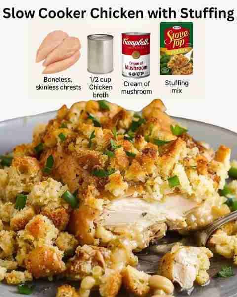 4-Ingredient Slow Cooker Chicken with Stuffing You'll need: 4 boneless, skinless chicken breasts to...