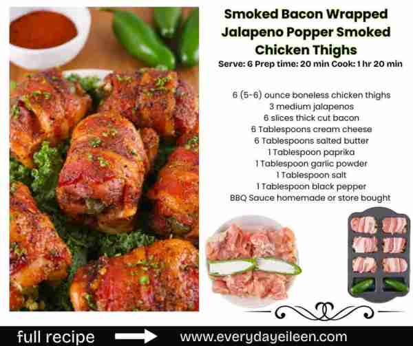 Smoked Bacon-Wrapped Jalapeno Popper Chicken Thighs, the best of everything in one meal! Recipe link...