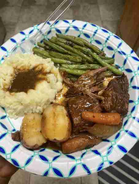 pot roast, gravy, carrots, potatoes, mashed potatoes, green beans 😋😋😋