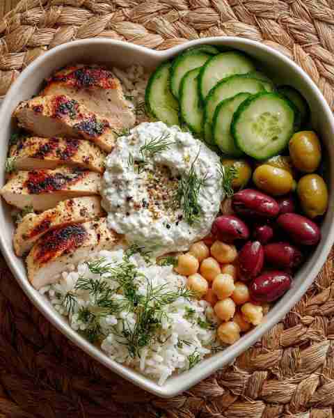 🥙 Ultimate Greek Chicken Rice Bowl with Tzatziki & Olives 🥒🍗 Prep Time: 15 mins Cook Time: 20 min...