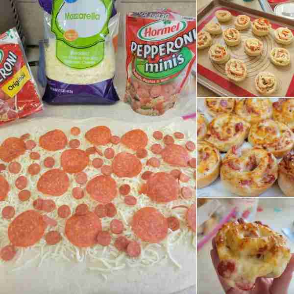 Easy pizza pinwheels!! 1 can pilsbury pizza crust Mozzarella Pepperoni (we had left over of both siz...