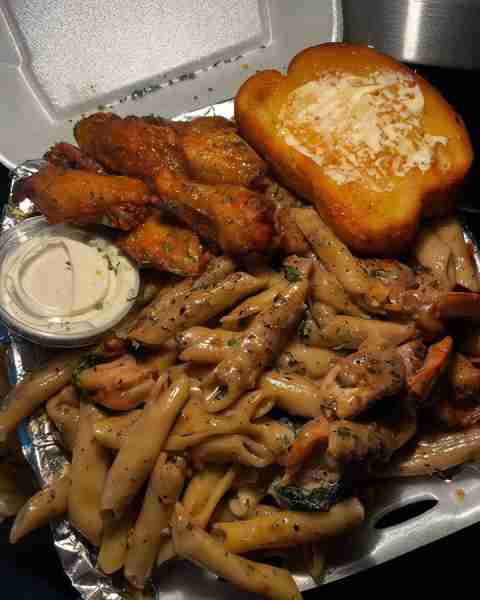 Garlic butter pasta, glazed wings, and buttery Texas toast. Brown, golden yellow, and creamy white...