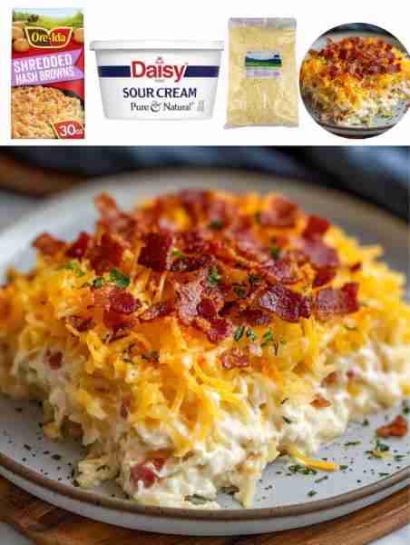 Loaded Hashbrown Casserole with Sour Cream and Bacon Ingredients: - 1 package (30 oz) frozen shredde...