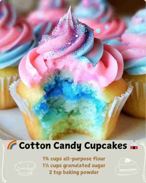 🌈 Cotton Candy Cupcakes 🎪 Ingredients For the Cupcakes: 1¾ cups all-purpose flour 1½ cups granulat...