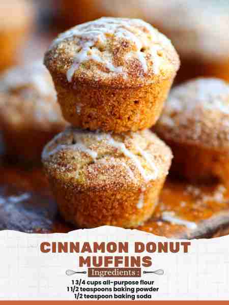 Cinnamon Donut Muffins Ingredients: 1 3/4 cups all-purpose flour 1 1/2 teaspoons baking powder 1/2 t...