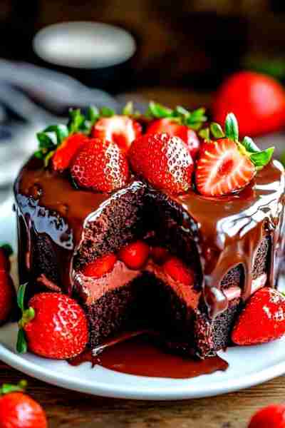🍫🍓 Chocolate Cake with Strawberry Filling A moist, rich chocolate cake layered with sweet and frui...