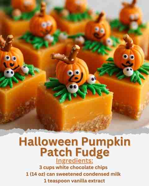 Halloween Pumpkin Patch Fudge Ingredients: - 3 cups white chocolate chips - 1 (14 oz) can sweetened...