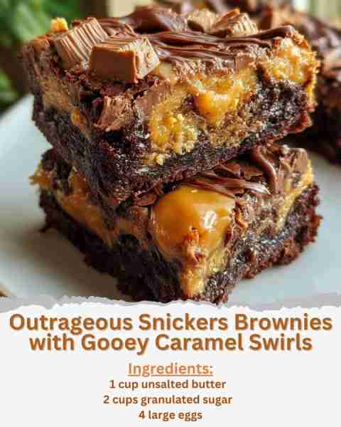 Outrageous Snickers Brownies with Gooey Caramel Swirls Ingredients: - 1 cup unsalted butter - 2 cups...