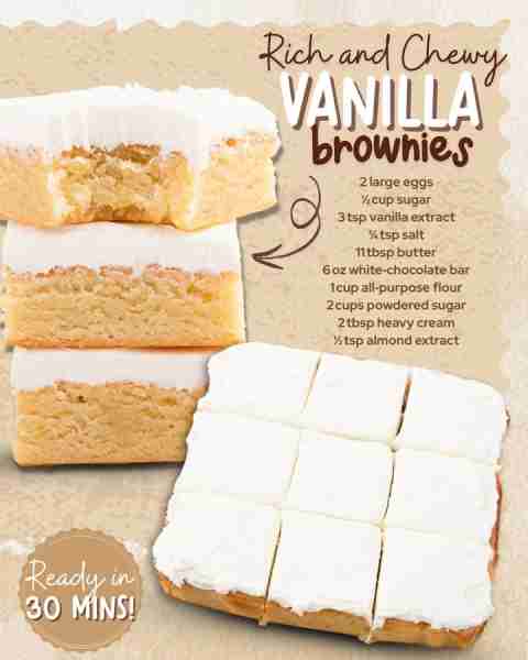 VANILLA BROWNIES 🍫 buttery, chewy & perfectly frosted! INGREDIENTS ⬇️ 2 large eggs ½ cup granulated...