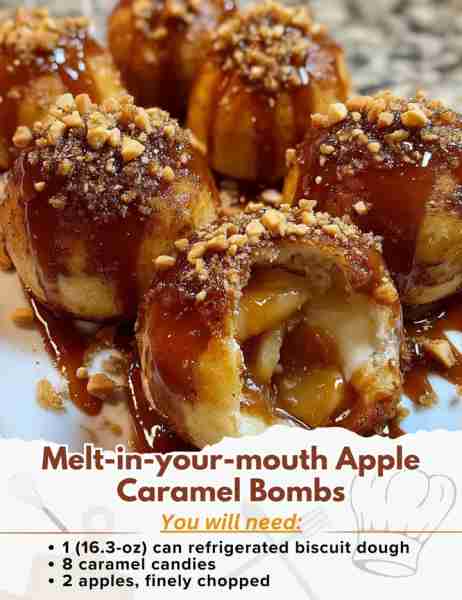 Melt-in-your-mouth Apple Caramel Bombs Ingredients: - 1 (16.3-oz) can refrigerated biscuit dough -...
