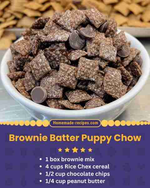 Brownie Batter Puppy Chow 📋 Ingredients • 1 box brownie mix (just the dry mix) • 4 cups Rice Chex c...