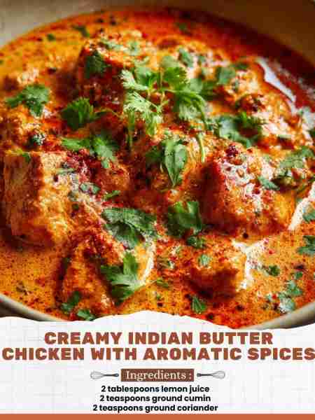 Creamy Indian Butter Chicken with Aromatic Spices Ingredients: 2 tablespoons lemon juice 2 teaspoons...