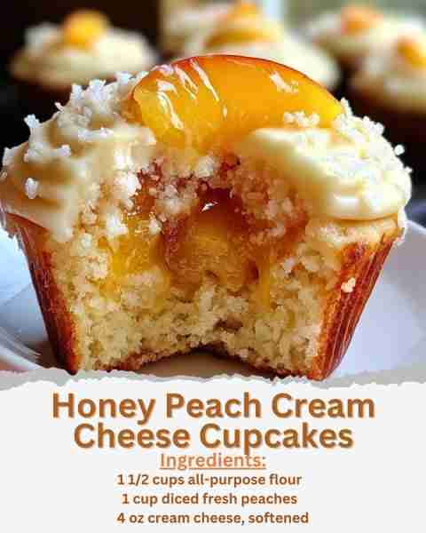 Honey Peach Cream Cheese Cupcakes Ingredients: - 1 1/2 cups all-purpose flour - 1 1/2 teaspoons baki...