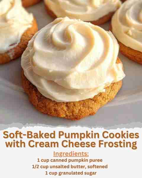 Soft-Baked Pumpkin Cookies with Cream Cheese Frosting Ingredients: - 1 cup canned pumpkin puree - 1/...