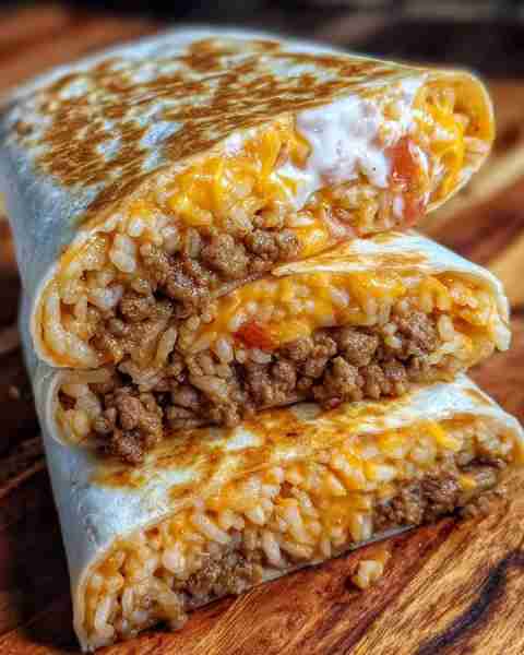 Cheesy Beef Burrito Recipe: Ingredients: 1 lb (450g) ground beef 1 cup cooked white rice 1 cup shred...