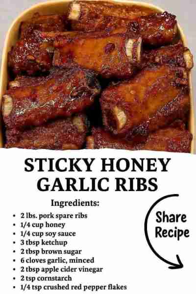 Sticky Honey Garlic Ribs Recipe 📝 Ingredients: 2 lbs pork ribs (baby back or spare ribs) ¼ cup hone...