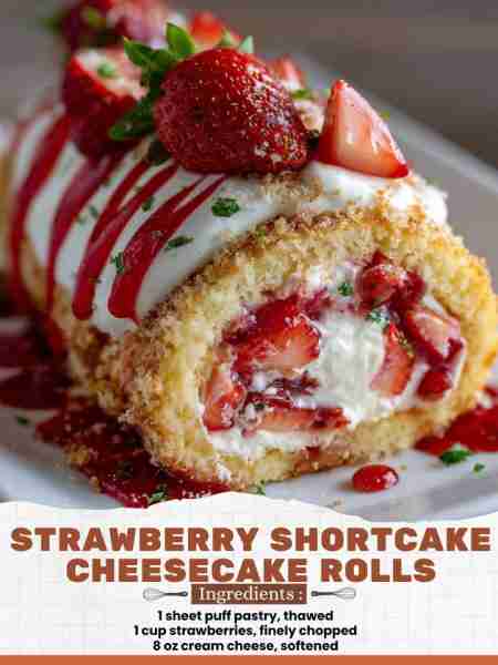 Strawberry Shortcake Cheesecake Rolls Ingredients: 1 sheet puff pastry, thawed 1 cup strawberries, f...