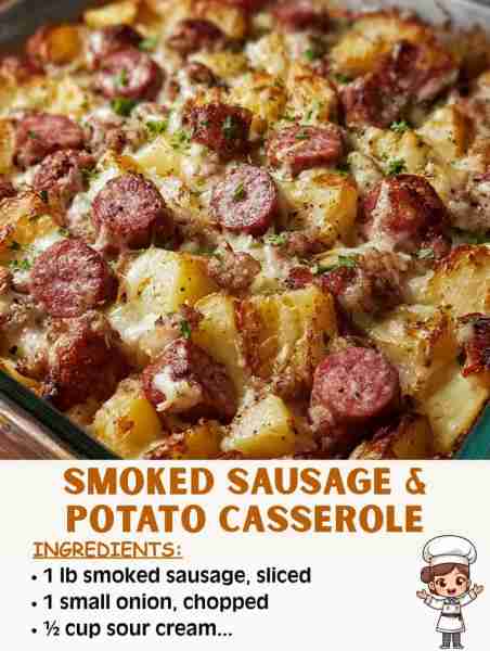 🔥🥔 Smoked Sausage & Potato Casserole – Creamy, Cheesy, and Oh-So-Comforting! Ingredients: 1 lb smo...