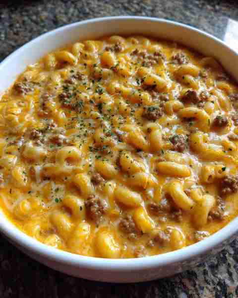 One-Pot Macaroni Cheeseburger Soup Ingredients: 1 lb ground beef 1 tablespoon olive oil 1 small onio...