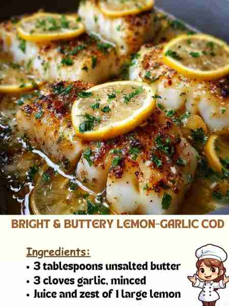 Bright & Buttery Lemon-Garlic Cod Ingredients 3 tablespoons unsalted butter 3 cloves garlic, minced...