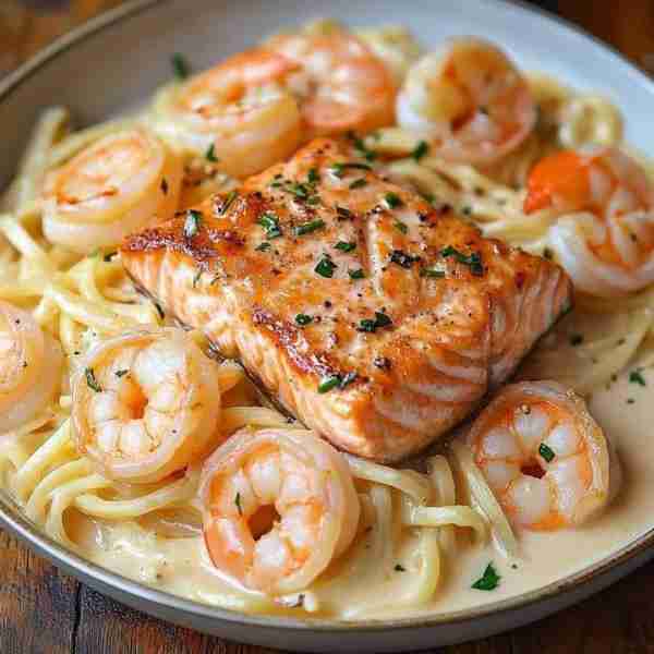 🍤 Salmon and Shrimp Alfredo 🧀🍝 Servings: 4 Prep Time: 15 minutes Cook Time: 20 minutes Total Time...