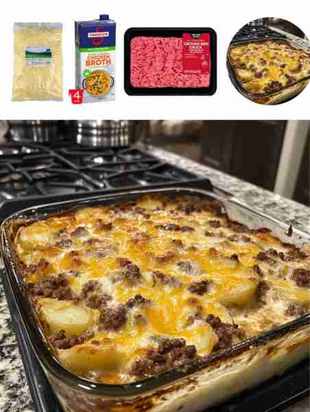 Cheesy Hamburger and Scalloped Potato Casserole Ingredients: - 1 pound ground beef - 1 onion, diced...