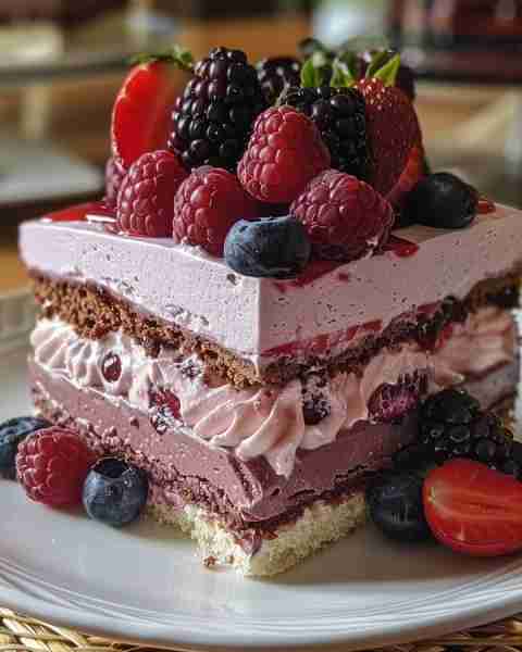 Berry-Layered Mousse Cake Ingredients: For the Crust: 1 1/2 cups crushed digestive biscuits 6 tables...