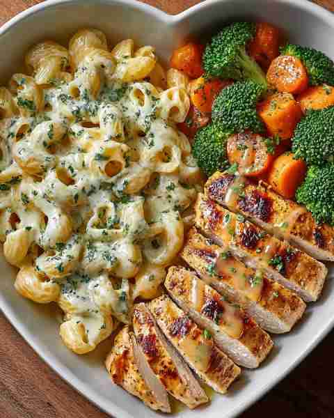 💛 Creamy Herb Mac & Cheese Bowl with Grilled Chicken and Veggie Medley 🧀🥦🥕 Prep Time: 15 minutes...