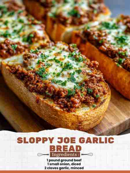 Sloppy Joe Garlic Bread Ingredients: 1 pound ground beef 1 small onion, diced 2 cloves garlic, mince...