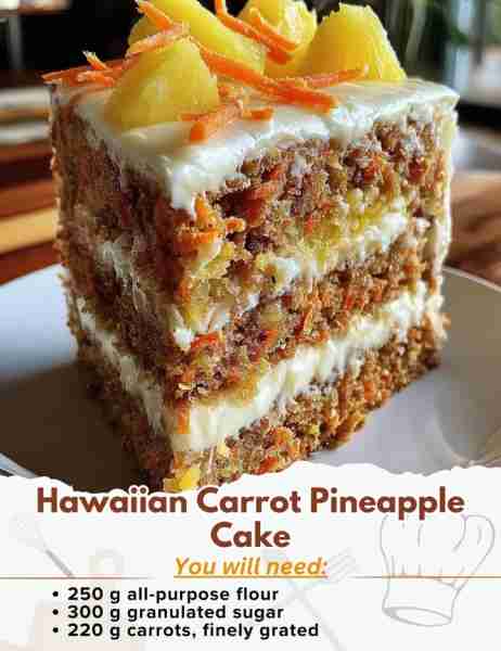 Hawaiian Carrot Pineapple Cake Ingredients: Cake Base: - 250 g all-purpose flour - 10 g baking powde...