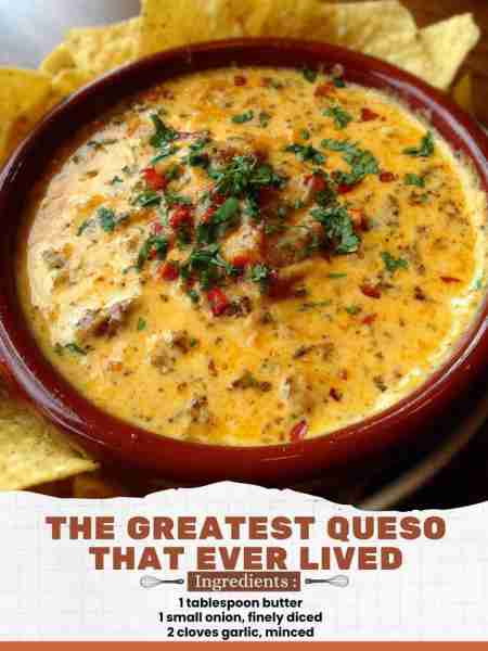 The Greatest Queso That Ever Lived Ingredients: 1 tablespoon butter 1 small onion, finely diced 2 cl...