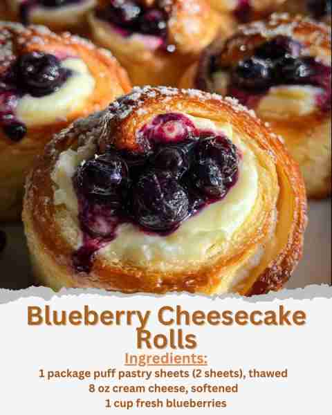Blueberry Cheesecake Rolls Ingredients: - 1 package puff pastry sheets (2 sheets), thawed - 8 oz cre...