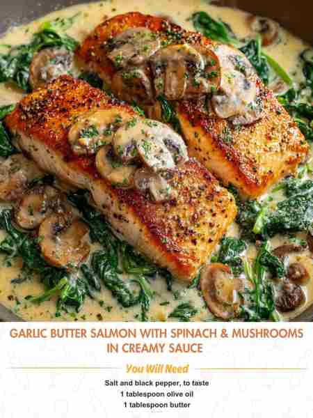 Garlic Butter Salmon with Spinach & Mushrooms in Creamy Sauce 🧄🐟🥬🍄 Ingredients Salt and black pe...