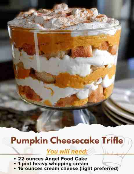 Pumpkin Cheesecake Trifle Ingredients: - 22 ounces Angel Food Cake - Whipped Cream: - 1 pint heavy...