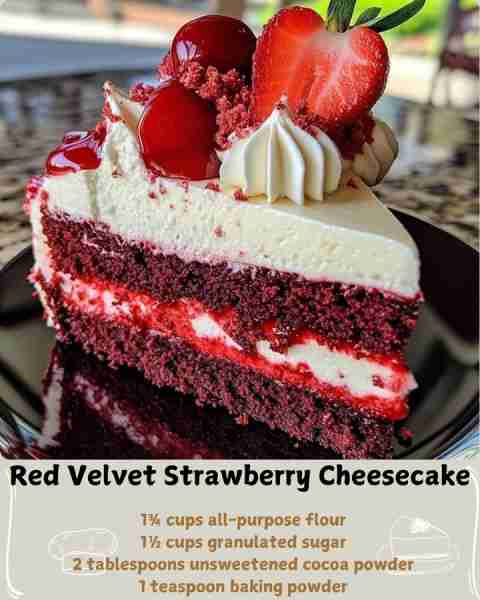 🍓 Red Velvet Strawberry Cheesecake 🍰 Ingredients For the Red Velvet Cake Layers: 1¾ cups all-purpo...