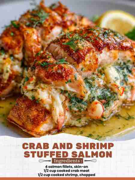 Crab and Shrimp Stuffed Salmon Ingredients: 4 salmon fillets, skin-on 1/2 cup cooked crab meat 1/2 c...