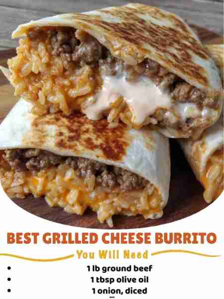 Best Grilled Cheese Burrito 🧑‍🍳 Recipe: Ingredients: 1 lb ground beef 1 tbsp olive oil 1 onion, di...