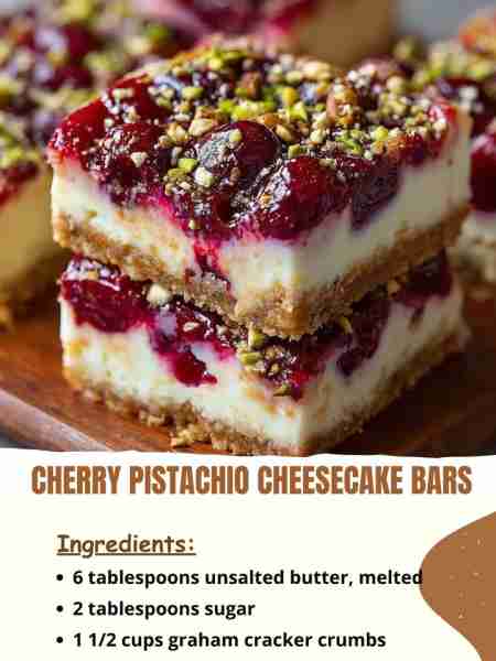 Cherry Pistachio Cheesecake Bars Ingredients 6 tablespoons unsalted butter, melted 2 tablespoons su...