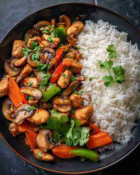 🥢 Chicken Stir-Fry with Mushrooms & Peppers 🍄🌶️ Prep Time: 15 minutes Cook Time: 15 minutes Servin...