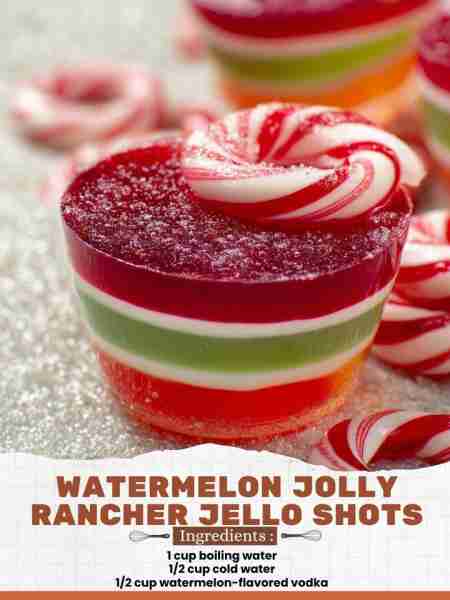 Watermelon Jolly Rancher Jello Shots Ingredients: 1 cup boiling water 1/2 cup cold water 1/2 cup wat...